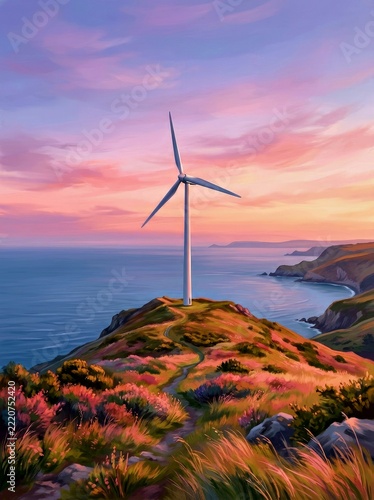 White Wind Turbine on Coastal Cliff at Sunset