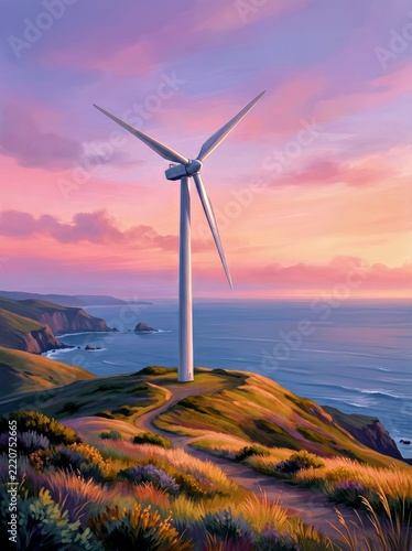 White Wind Turbine on Coastal Cliffside at Sunset