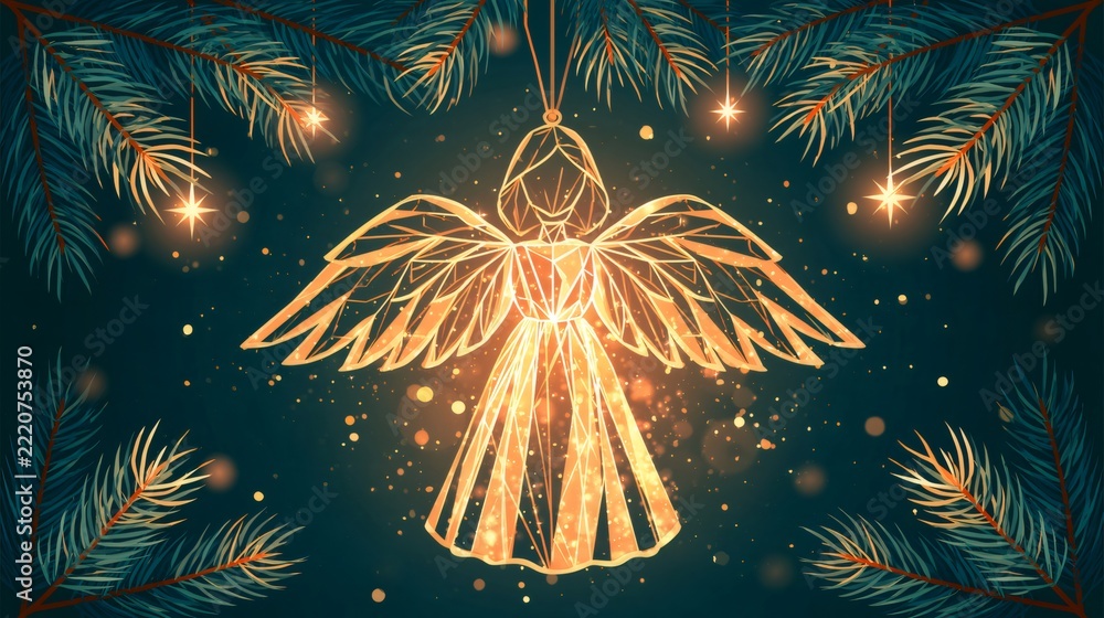 Fototapeta premium Golden angel ornament glowing for christmas holiday decoration