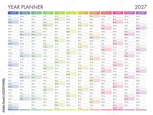 2027 Year Planner Calendar, Corporate Business Schedule Template