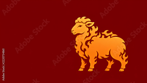 flame sheep silhouette standing with curly wool pattern on dark red backdrop