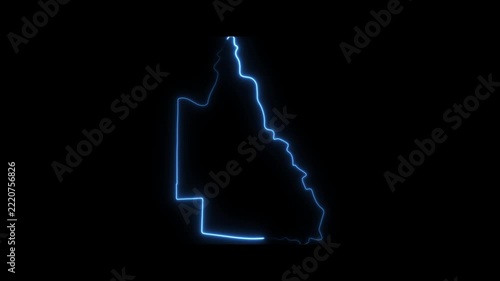 Glowing neon outline map of queensland australia, pulsing blue light animation on black background, for digital presentations