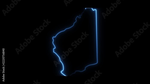 Glowing neon outline map of western australia animation on black background