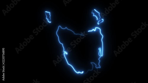 Tasmania map outline neon glowing effect animation on black background, australia island