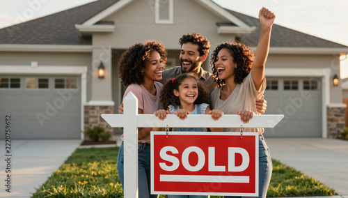 Happy Diverse Family Celebrating in Front of Sold Real Estate Sign