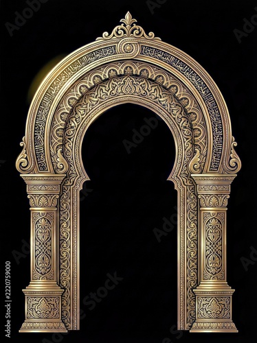Elaborately Carved Golden Archway With Intricate Middle Eastern Patterns on Black Background