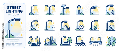 Street lighting icon set with solar and smart city symbols
