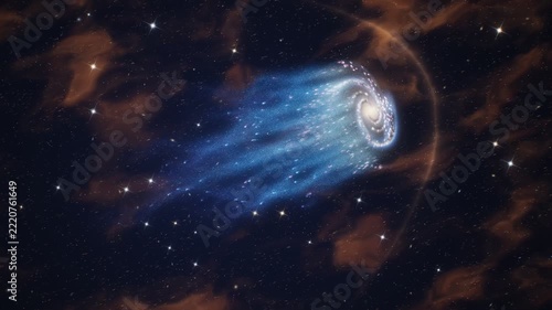 Jellyfish galaxy moving through deep space with glowing nebula and stars