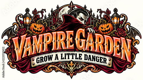 Vampire Garden Thrives beneath Velvet Cape on Burgundy Theater Marquee, Creepy Holiday Illustration, Gothic Spooky Badge, Classic Halloween Style