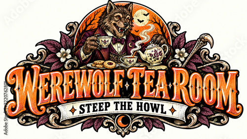Werewolf Tea Host Pours Steaming Tea beside Plum Teapot, Vintage Halloween Graphic, Spooky Seasonal Illustration, Creepy Holiday Illustration
