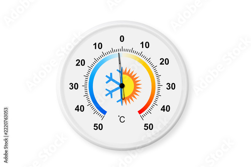 Circular celsius scale thermometer on a white background with soft shadow. Ambient temperature minus 2 degrees celsius