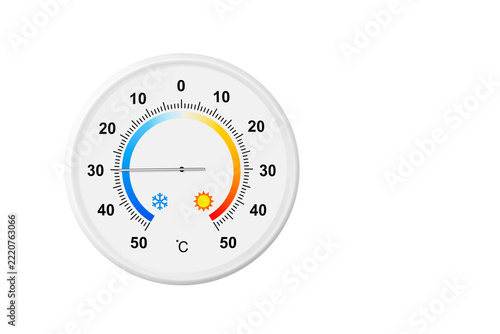 Circular celsius scale thermometer isolated on a white background. Ambient temperature minus 30 degrees celsius
