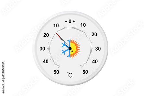 Circular celsius scale thermometer on a white background. Ambient temperature minus 14 degrees celsius