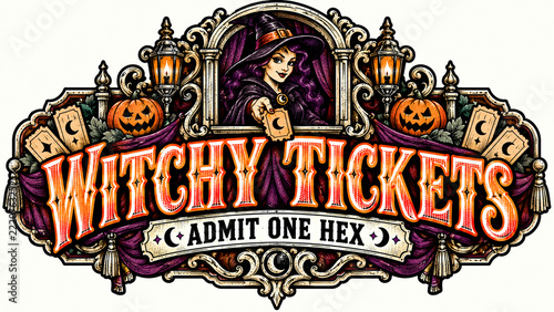 Witch Ticket Seller Offers Notched Admission Stubs at Violet Booth, Creepy Holiday Illustration, Seasonal Horror Design, Orange Halloween Graphic