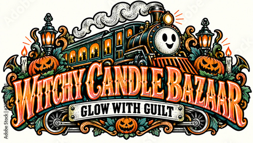Witchy Candle Bazaar Glows beside Teal Train and Pumpkin Lanterns, Creepy Holiday Illustration, Haunted Seasonal Artwork, Classic Halloween Style