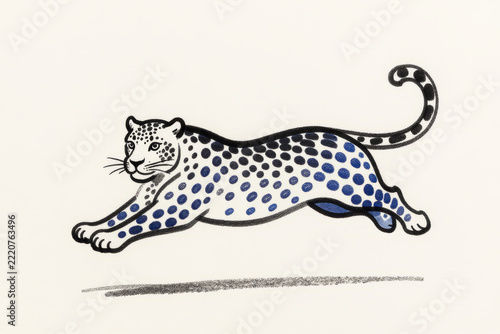 Leaping Leopard Doodle - Minimalist Blue Ink Outline in Naive Style for Leopard Jumping Naive Doodle Vector Illustration Inspiration and Wildlife-Themed Graphic Design