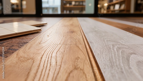 Various wooden floor samples including laminate, parquet, and tile swatches displayed in a building materials store, illustrating interior renovation and flooring materials choices