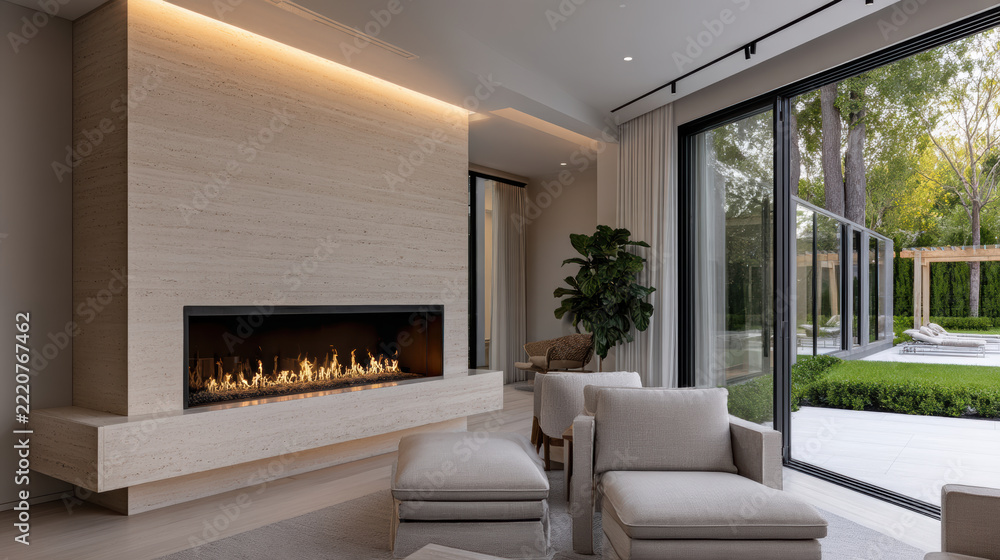 Naklejka premium Modern living room with beige armchairs, large fireplace, floor to ceiling windows, garden view, and natural light create cozy atmosphere