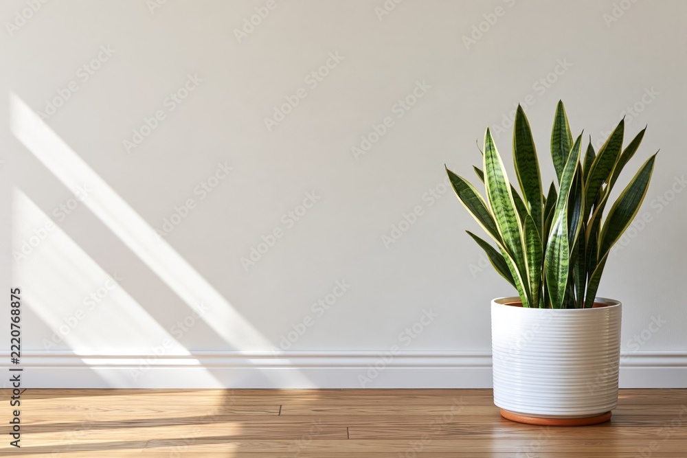 Fototapeta premium Snake plant sansevieria with variegated green leaves in a white ribbed ceramic pot with terracotta base placed on light wood hardwood flooring against a plain white wall