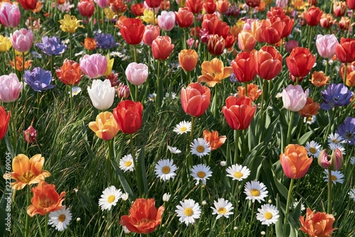 Colorful tulips in red pink orange yellow and purple blooming among white daisies with yellow centers in a lush green garden field under bright midday sunlight creating natural shadows