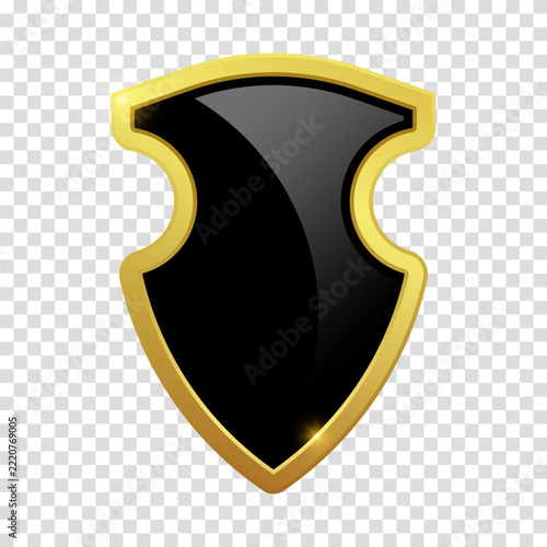 VIP luxury logo design element. Logotype medieval. Coat metal icon sign. Black shield with glossy bright golden frame. Vector clipart illustration. Transparent background.