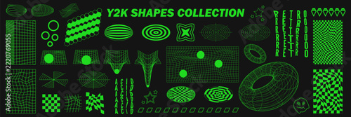 Abstract geometry wireframe shapes and patterns, cyberpunk elements, signs and perspective grids. Surreal geometric retro signs. Rave psychedelic futuristic Y2k acid aesthetic set. Vector illustration