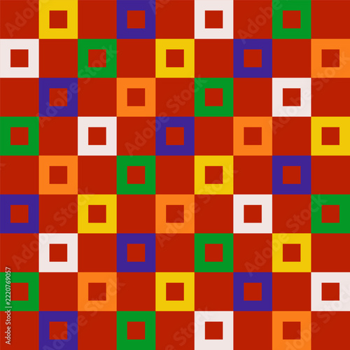 Seamless check grid linear pattern in festive Xmas and New Year colors. Square, block, tile, and quadrant shapes in Memphis style. Geometric vector holiday background with modern, cheerful aesthetics