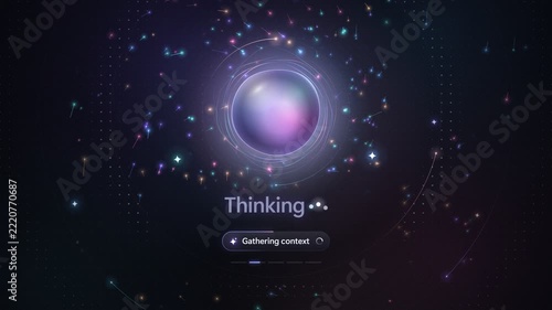 AI thinking indicator with glowing liquid gradient orb and reasoning steps in seamless 4k loop animation