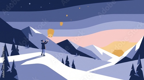 Atmospheric winter landscape with person releasing sky lanterns in snowy mountains, serene night scene with glowing paper lanterns over cold peaks
