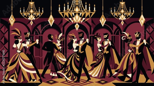 Vintage masquerade party scene, elegant masked dancers in a grand ballroom, luxury gold and burgundy art deco celebration illustration
