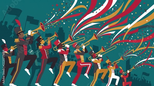 Marching band parade illustration, musicians playing brass instruments with colorful streamers, festive celebration event with trumpet players