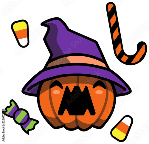 Screaming Jack O Lantern Pumpkin Witch Hat with Halloween Candy. Editable Color Vector