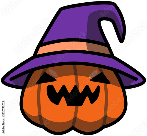Sharp Tooth Jack O Lantern Pumpkin Witch Hat. Editable Color Vector
