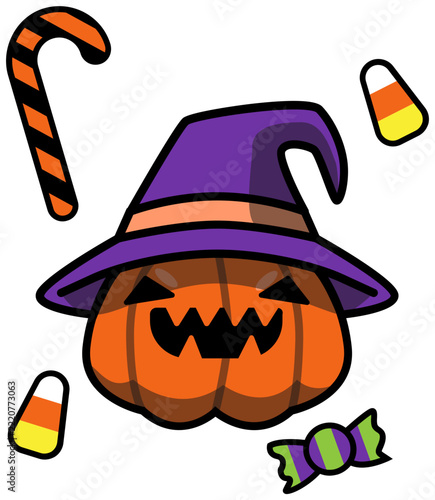 Sharp Tooth Jack O Lantern Pumpkin Witch Hat with Halloween Candy. Editable Color Vector