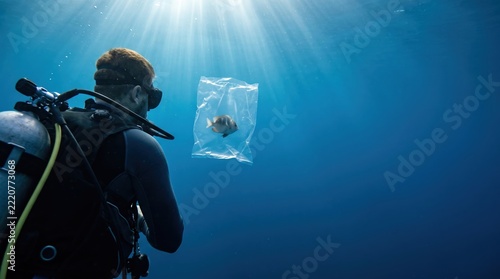 Diver Exploring Underwater Scene with Fish Encased in Plastic Bag