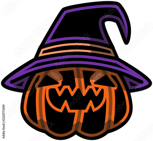 Sharp Tooth Jack O Lantern Pumpkin Witch Hat Shade Color. Editable Color Vector