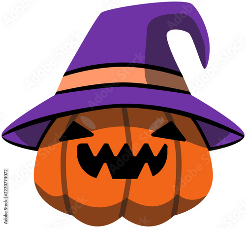 Sharp Tooth Jack O Lantern Pumpkin Witch Hat Flat Color. Editable Color Vector