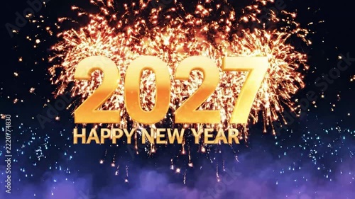 Happy New Year 2027 greeting text with particles and fire sparks on black night sky with colored fireworks background, beautiful typography magic design See Less
