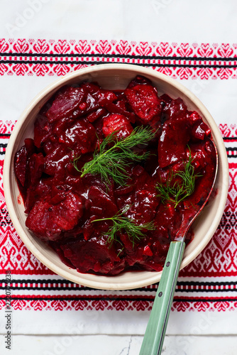 Shpundra. A traditional Ukrainian dish made with pork, beets, and garlic.top veiw.