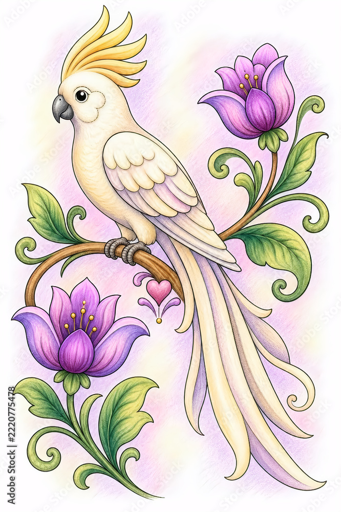 Fototapeta premium bird on a branch with flowers