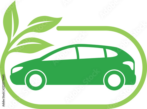 Green Electric Car with Leaves Icon.  Eco-transport, clean-mobility.