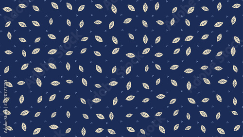 Indian dabu block print seamless pattern with scattered cream leaves and resist dots on indigo blue, natural botanical textile background