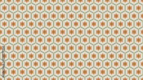 Indian block print seamless hexagon jaali pattern with terracotta flowers and green lattice lines on cream, traditional geometric floral background