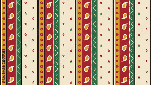 Indian block print seamless vertical stripes with saree border bands of paisley, flowers and zigzag in red, mustard and green on cream