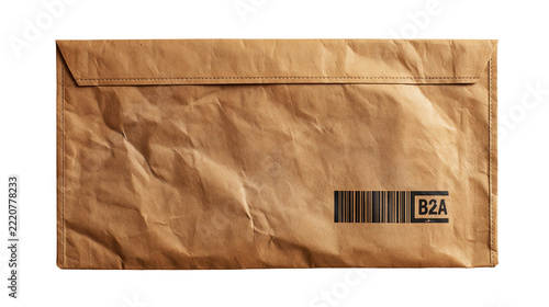 Crumpled brown paper mailing envelope with barcode and B2A label