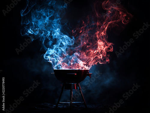 Barbecue grill with blue and red smoke swirls on black background