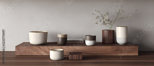 Minimalist ceramic cups and vases on walnut wood shelf against gray wall