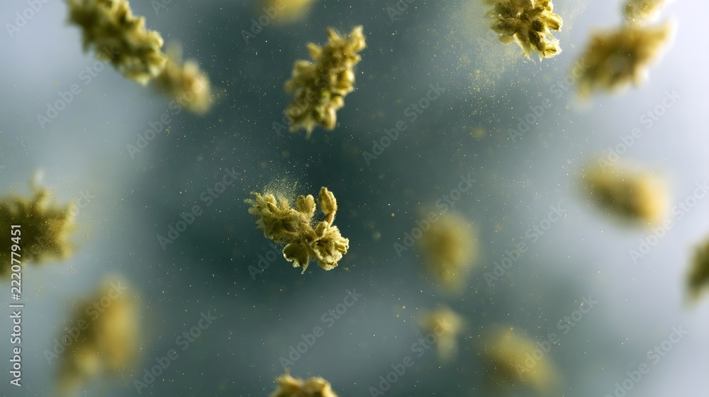 Fototapeta premium Golden pollen grains drift through soft light suspended in air with delicate textured clusters catching the glow