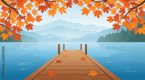 Aesthetic Autumn Lake Scenery with Wooden Pier and Peaceful Atmosphere