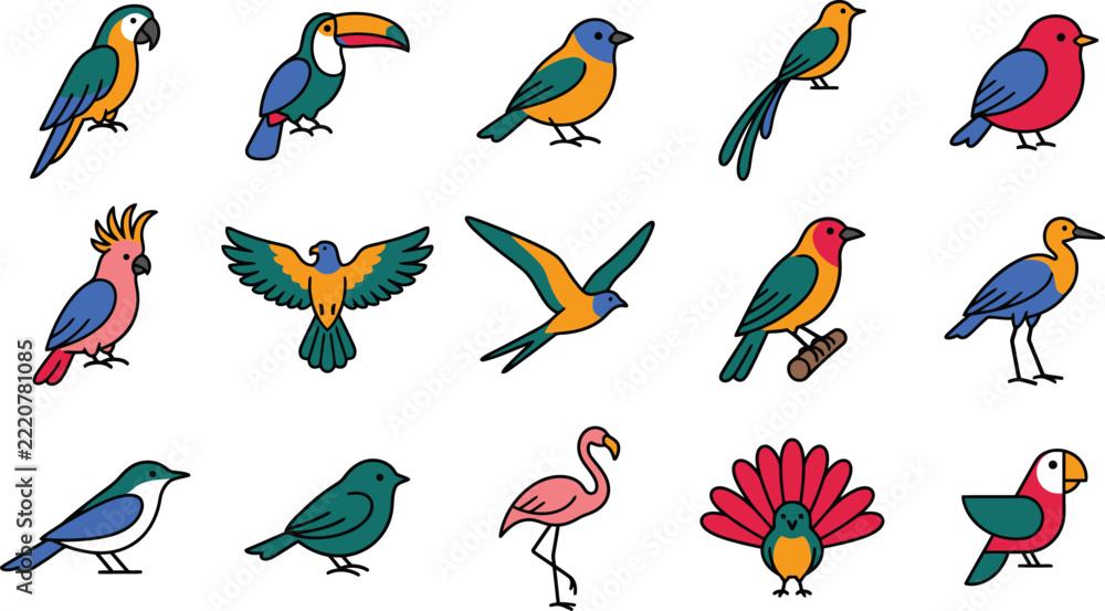 Fototapeta premium A colorful vector collection of various exotic and common birds including parrots, toucans, flamingos, and songbirds in a clean minimalist style isolated on a solid white background